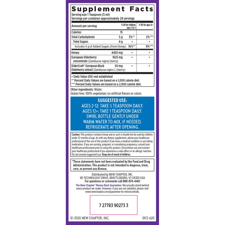New Chapter Elderberry Syrup, 24 Servings, Immune Defense for Adults &amp; Kids (2+), 64x Concentrated Black Elderberry + Throat-Soothing Grade A Honey, Non-GMO Project Verified, Gluten Free