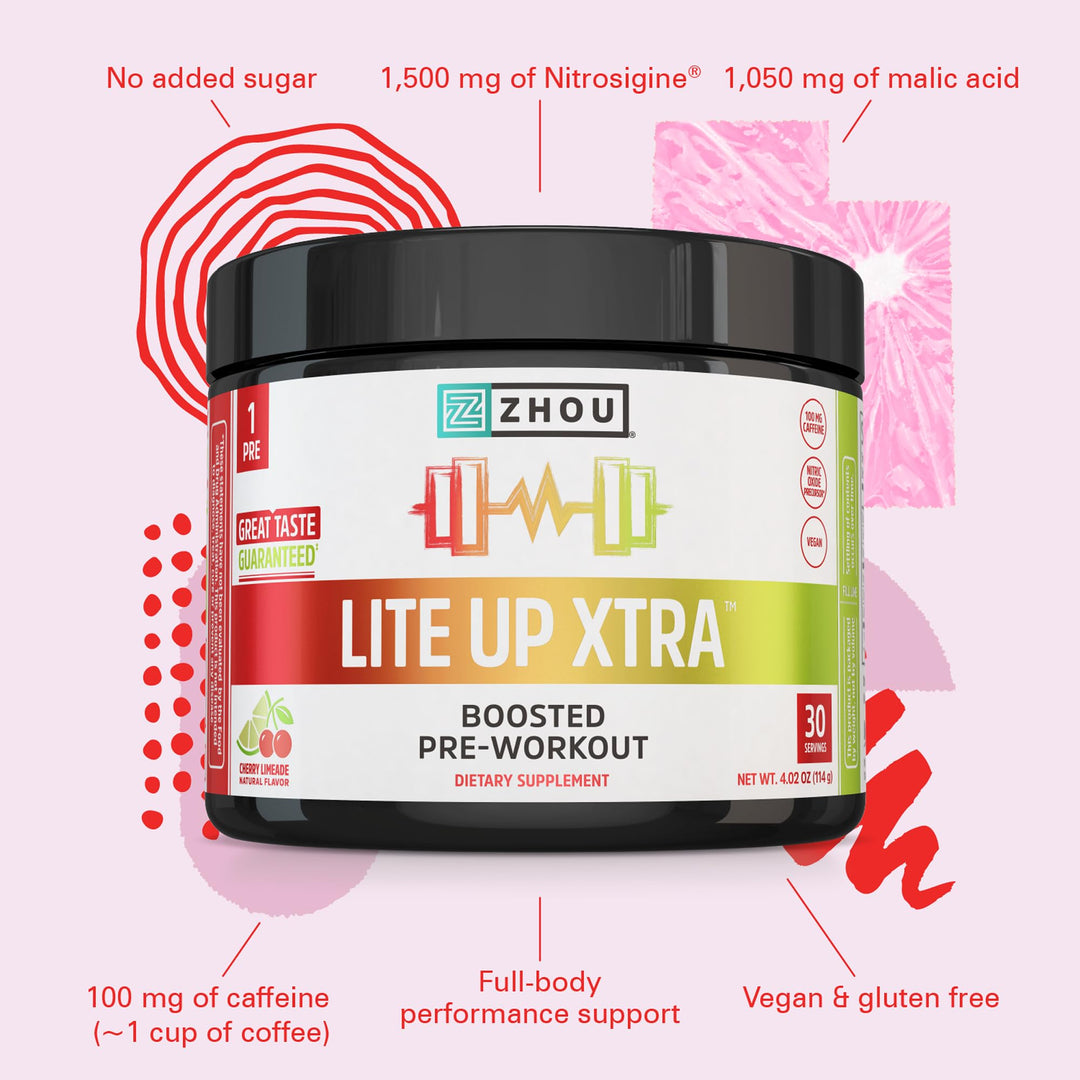 ZHOU Lite Up Xtra - Sugar Free Pre Workout Powder for Women &amp; Men, Preworkout Supplement with Caffeine for Clean Energy, Amino Acid Support, Hydrate &amp; Focus, Plant Based - Cherry Limeade, 16 oz Jar