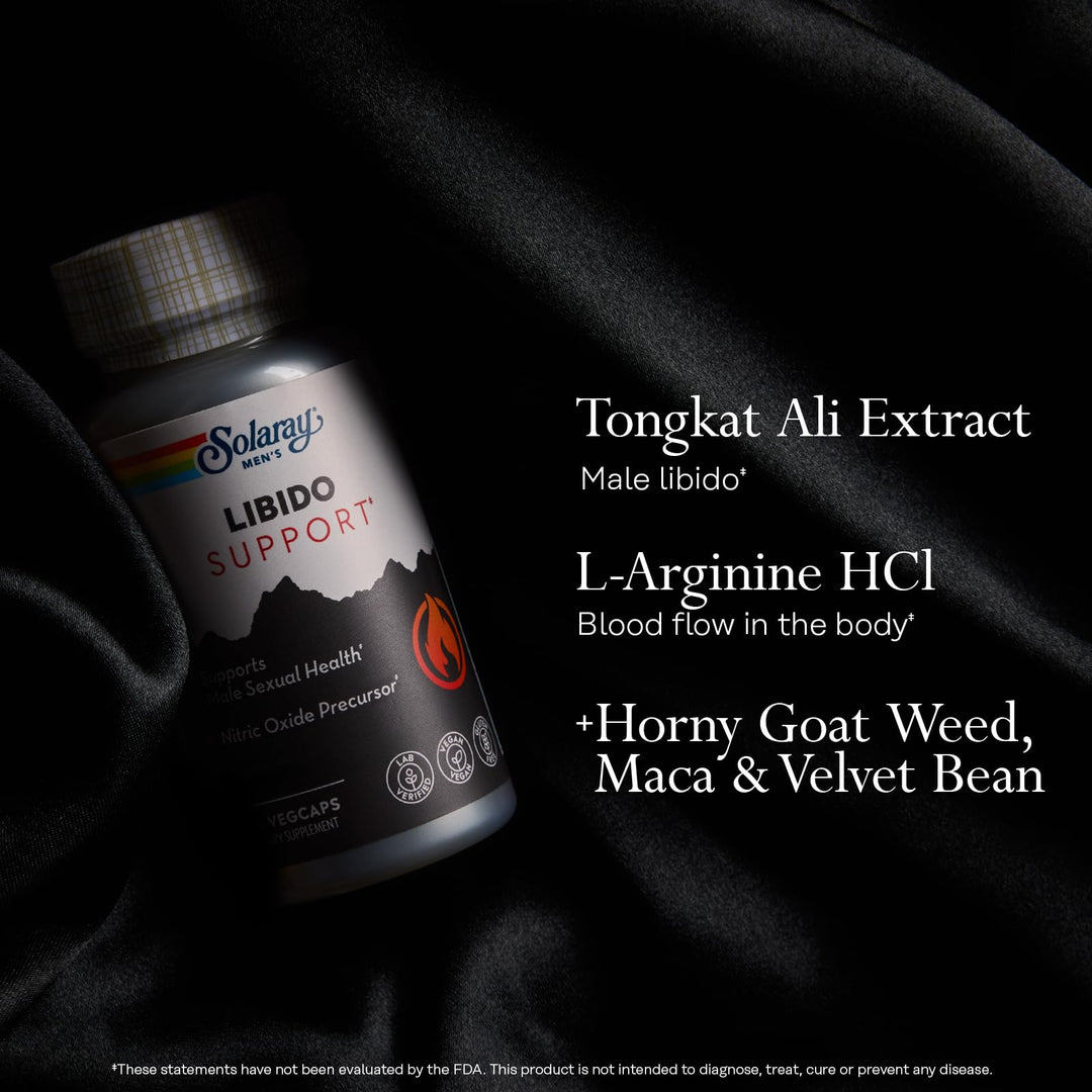 SOLARAY Libido Support for Men - Sexual Health, Nitric Oxide Precursor - Tongkat Ali Extract, L Arginine, Horny Goat Weed - 60 Day Money-Back Guarantee, 30 Servings, 30 VegCaps