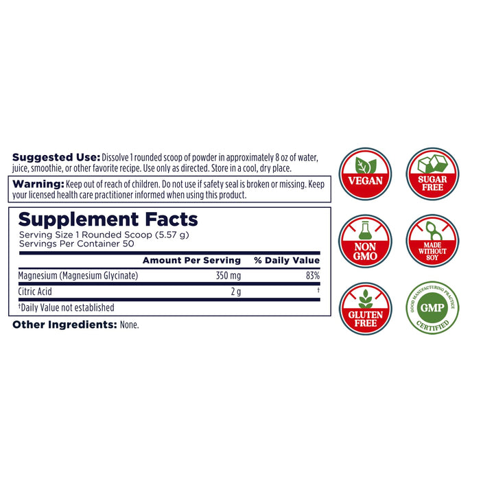 KAL Calming Magnesium Glycinate Powder Plus Citric Acid - Unflavored - Nervous System, Bone and Relaxation Support Drink Mix - No Sugar - 60-Day Guarantee, 40 Servings, 8.5 OZ