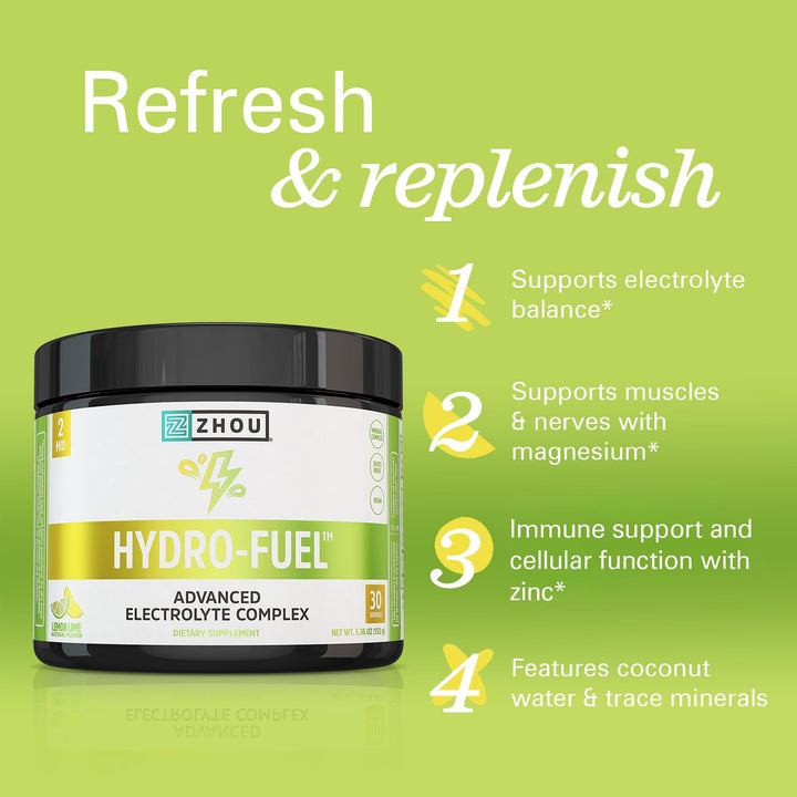 ZHOU Hydro-Fuel - Electrolytes Powder, Sugar Free Hydration Drink Mix w/Magnesium, Zinc, Potassium &amp; Sodium, Nutrients, Minerals &amp; Coconut Water Extract, No Sugar - Lemon Lime, 5.36 oz (30 Servings)