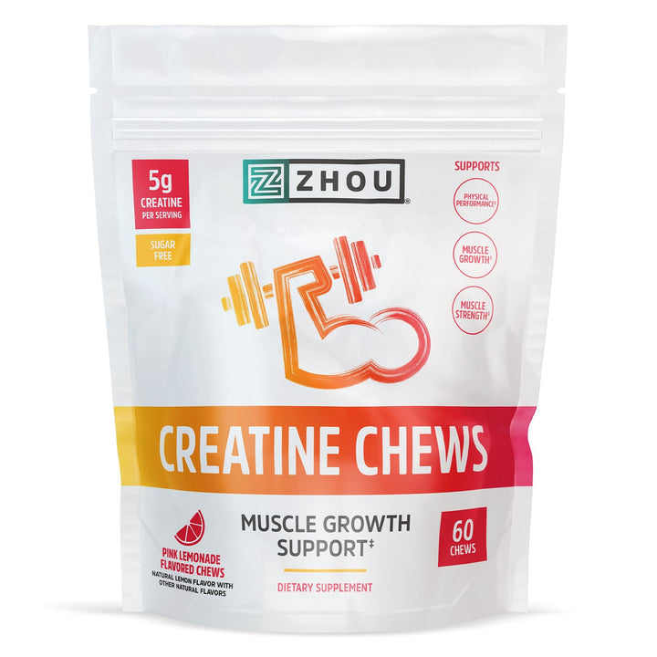 ZHOU Nutrition Creatine Monohydrate Chewables 5g for Men &amp; Women, Sugar Free, Organic, Non GMO, Pink Lemonade, 60 Creatine Gummies