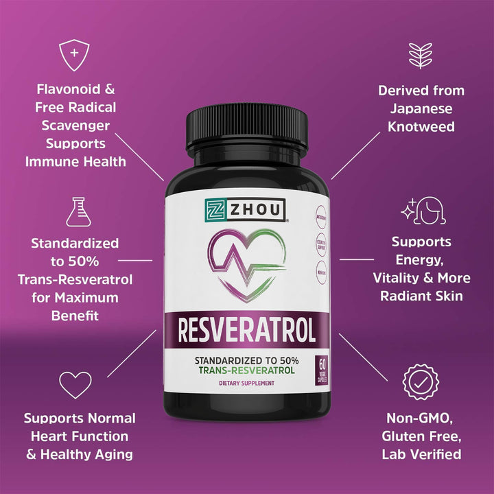 ZHOU Resveratrol - Resveratrol 1000mg Nutritional Supplement for Women &amp; Men, Pure Ultra Strength Heart Health and Antioxidant Support Formula - 60 Veggie Capsules