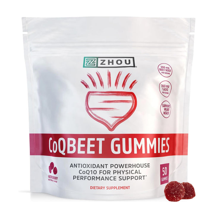ZHOU CoQBeet Gummies - Beet Root Gummies for Men &amp; Women, Heart Health &amp; Cellular Energy Support Supplement, 300 mg Beetroot &amp; 200 mg CoQ10, Vegan, Gluten Free, Natural Huckleberry Flavor - 50 Count