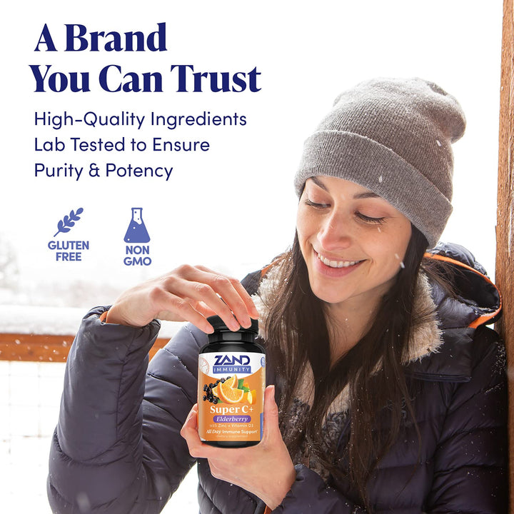Zand Immunity Super C+ with Elderberry, All Day Immune Support, 1000mg PureWay-C Vitamin C Plus Zinc &amp; Vitamin D-3, Enhanced Absorption, 60 Tablets, 30 Servings