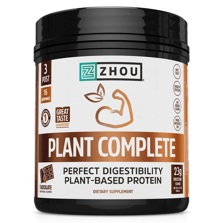 Zhou Plant Complete Vegan Protein Powder - Plant Based Protein Powder for Women &amp; Men, Non Dairy Rice &amp; Pea Blend for Smoothies &amp; Shakes, 21g Protein Per Serving - Chocolate, 17.7oz (16 Servings)