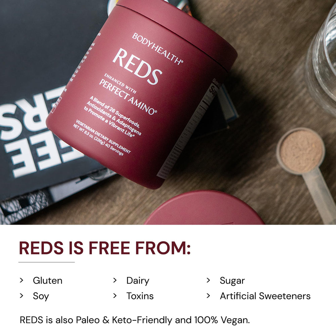 BodyHealth Reds Enhanced with PerfectAmino - Daily Superfood Smoothie Powder with Antioxidants, Adaptogens, Phytonutrients, Fruit, Prebiotics, Probiotics, Fiber, and Protein - 40 Servings