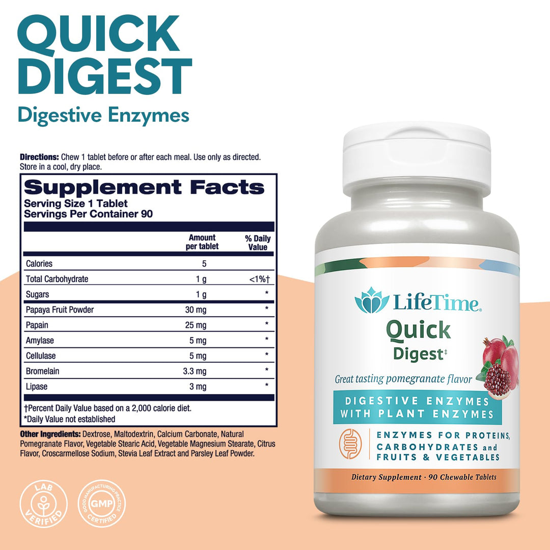 LIFETIME Quick Digest Digestive Enzymes - Plant Enzymes for Proteins, Carbohydrates, Fruits and Vegetables - Digestive Health Support - Pomegranate Flavor - 90 Servings, 90 Chewable Tablets