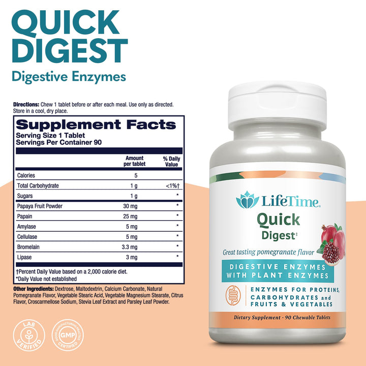 LIFETIME Quick Digest Digestive Enzymes - Plant Enzymes for Proteins, Carbohydrates, Fruits and Vegetables - Digestive Health Support - Pomegranate Flavor - 90 Servings, 90 Chewable Tablets