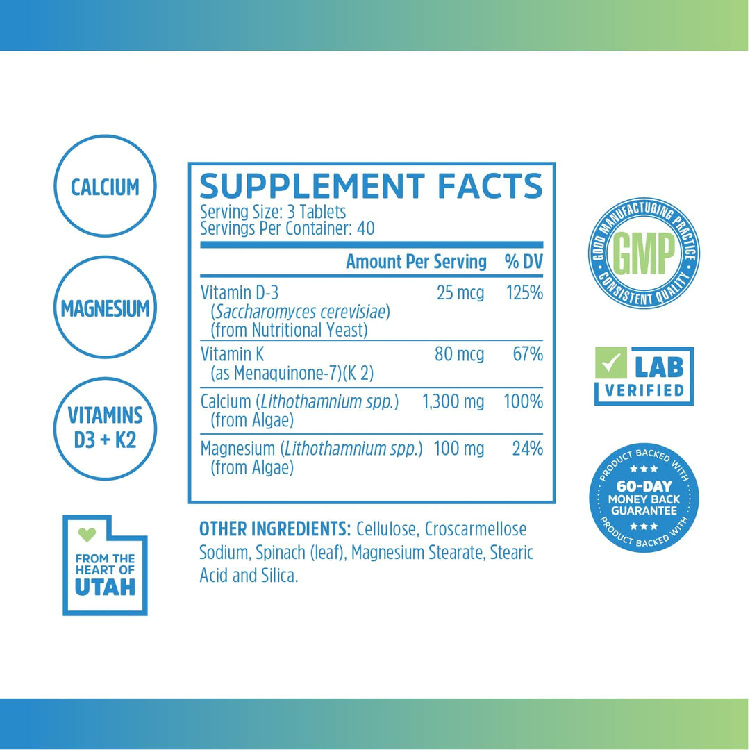 Zhou Calcium Greens - Calcium Supplements for Women &amp; Men, Bone Strength Support Supplement with Vitamin D3, Bone Support with Algae &amp; Vitamin K2 &amp; D, Plant Based - 120 Tablets
