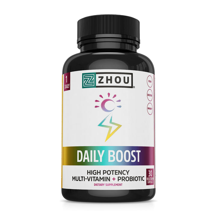 Zhou Daily Boost - Probiotic Multivitamin for Women &amp; Men, Immune Support, Antioxidant &amp; Eye Health Supplement with Vitamin A, Vitamin C, Biotin &amp; Folate for Adults - 30 Veggie Capsules