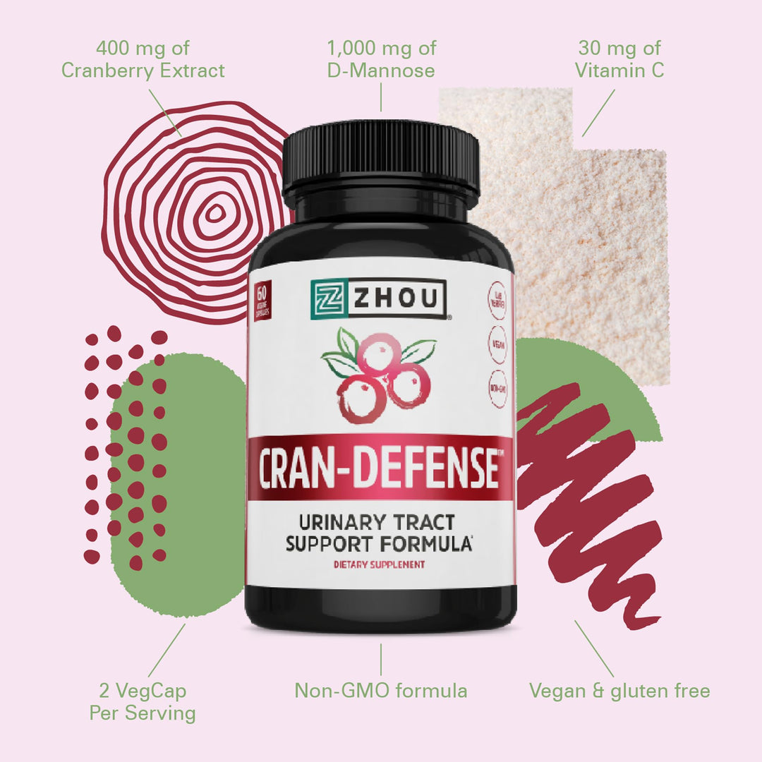 Zhou Cran-Defense - Cranberry Pills for Women &amp; Men, D Mannose with Cranberry Extract, 1000 mg D-Mannose Per Serving for Urinary Tract Health, Antioxidant Support - 60 Veggie Capsules