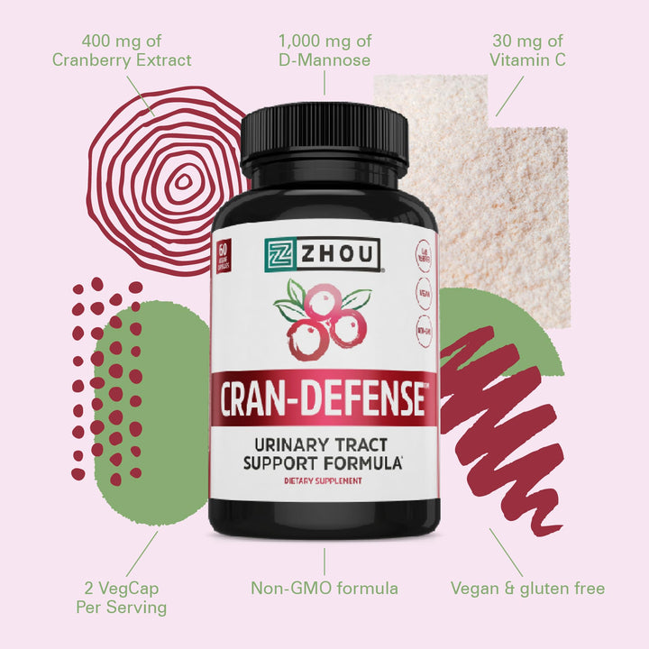 Zhou Cran-Defense - Cranberry Pills for Women &amp; Men, D Mannose with Cranberry Extract, 1000 mg D-Mannose Per Serving for Urinary Tract Health, Antioxidant Support - 60 Veggie Capsules