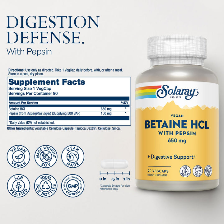 SOLARAY Vegan Betaine HCL with Pepsin - Hydrochloric Acid Supplement for Digestive Health - with Betaine Hydrochloride and Digestive Enzymes - Gut Health Support - 60-Day Guarantee, 90 VegCaps
