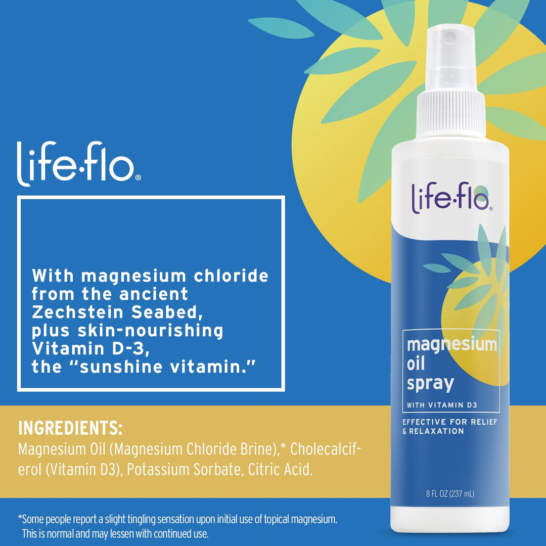 Life-flo Magnesium Oil Spray with Vitamin D3, Highly Concentrated Magnesium Chloride Spray from the Zechstein Seabed, Calms and Relaxes Muscles and Joints, 60-Day Guarantee, Not Tested on Animals, 8oz
