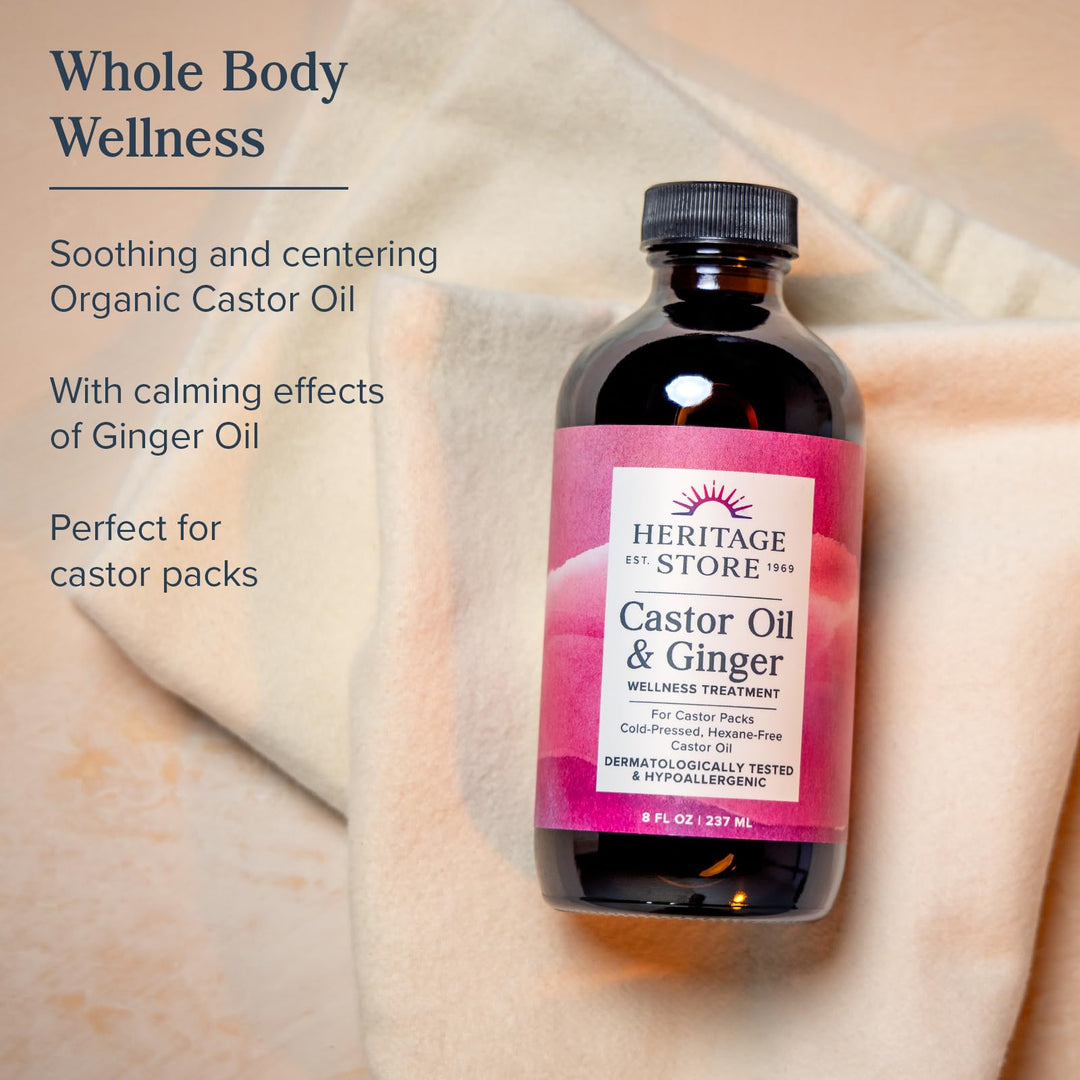 HERITAGE STORE Castor Oil &amp; Ginger - Cold Pressed Organic Castor Oil Pack Wrap - Heat Compress for Abdomen, Joints, Overall Wellness with Calming Ginger - Hypoallergenic, Vegan, 60-Day Guarantee, 8oz