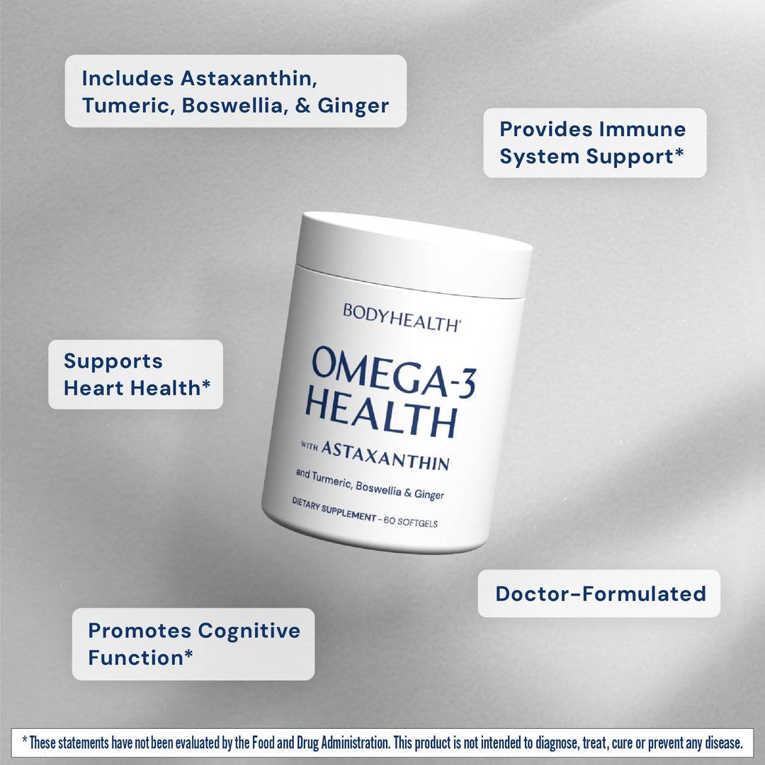 BodyHealth Omega 3 Health, Fish Oil Supplement for Women and Men, Heart and Brain Health, Fish Oil Pills, Fatty Acid Supplements, Omega 3 Vitamins - 60 Soft Gels