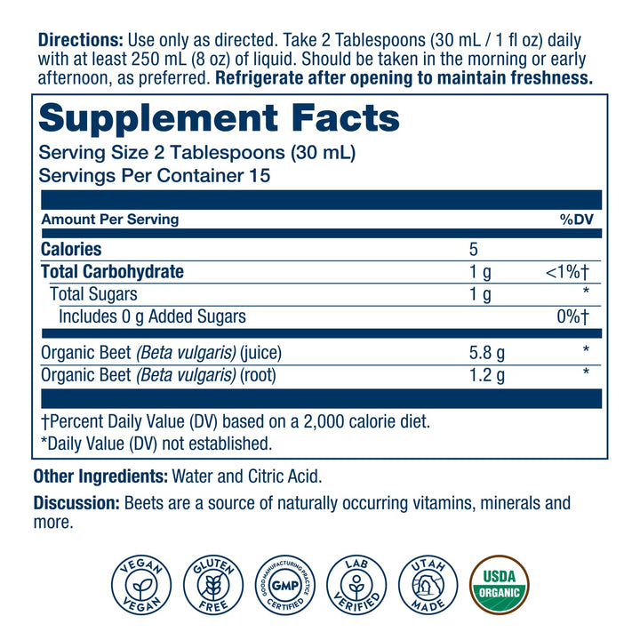 SOLARAY Organic Beetroot Juice from Concentrate - Energy &amp; Heart Health Support for Men &amp; Women, No Added Sugar, Unsweetened, Organic Beet Root, Liquid Concentrate, Natural Vitamin Source - 16 fl oz