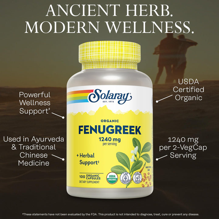 SOLARAY Organic Fenugreek Capsules 1240mg - Traditional Wellness Support Herbs - Made from Organic Fenugreek Seeds - USDA Organic, Vegan, Lab Verified, 60-Day Guarantee - 100 VegCaps, 50 Servings