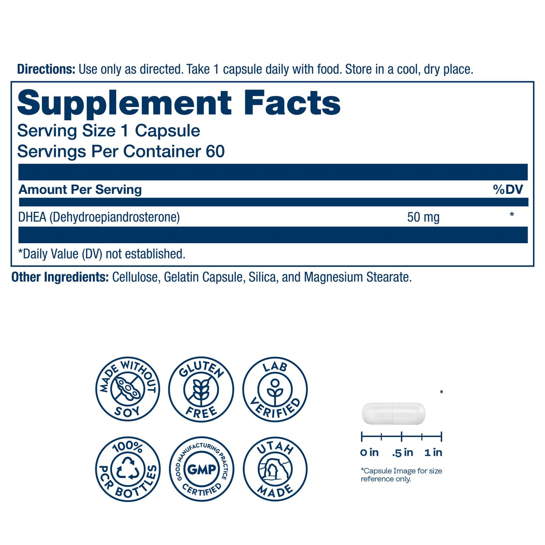 SOLARAY DHEA Supplement for Women and Men - DHEA 50mg - Supports Hormone Balance and Healthy Aging - Lab Verified, Gluten Free, Made Without Soy - 60-Day Guarantee - 60 Servings, 60 Capsules