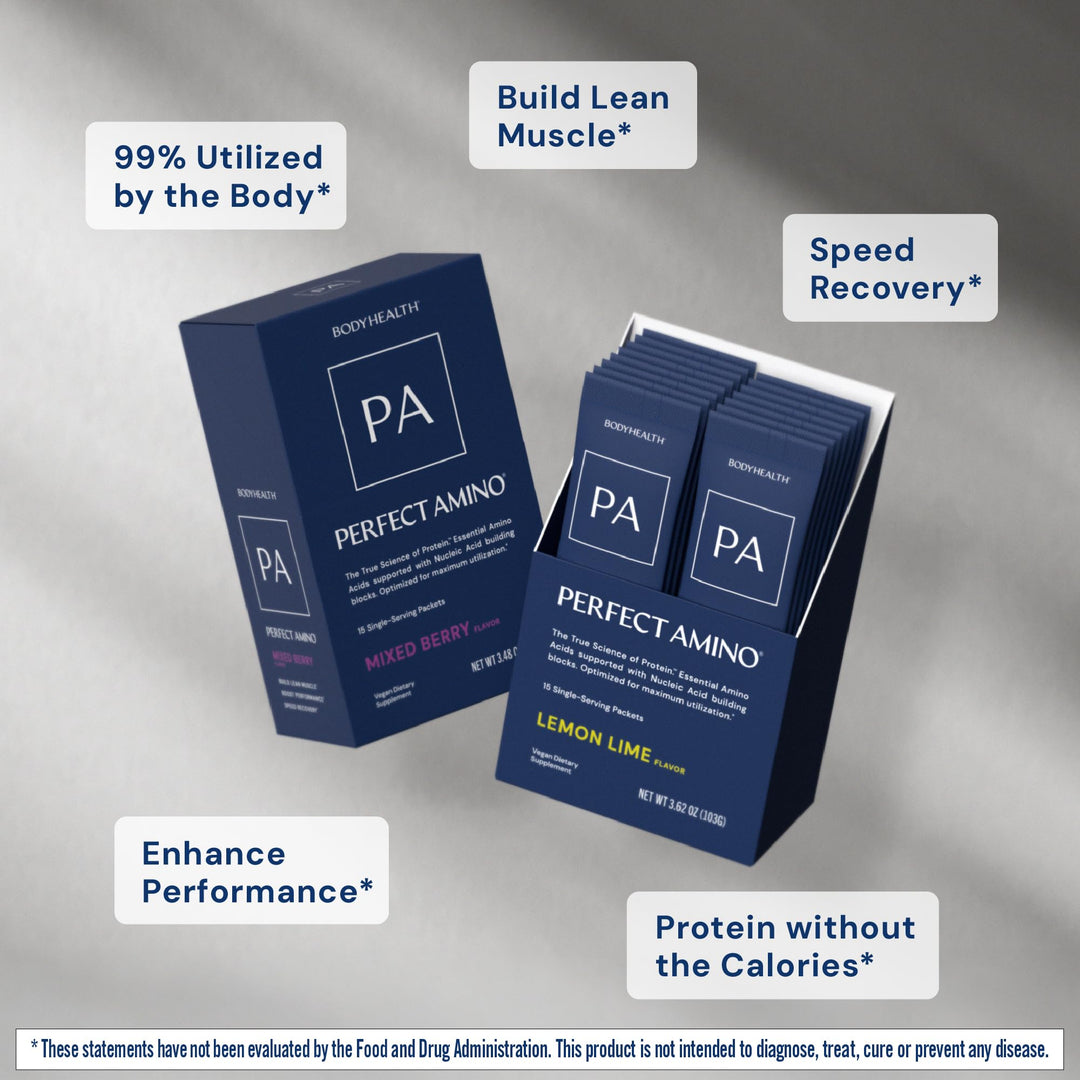 BodyHealth PerfectAmino Powder - BCAA and EAA Powder for Pre and Post Workout - Amino Acid Energy Drink for Men and Women to Support Lean Muscle and Recovery - Chocolate - Stick Packs - 15 Servings