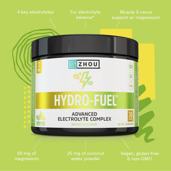 ZHOU Hydro-Fuel - Electrolytes Powder, Sugar Free Hydration Drink Mix w/Magnesium, Zinc, Potassium &amp; Sodium, Nutrients, Minerals &amp; Coconut Water Extract, No Sugar - Lemon Lime, 5.36 oz (30 Servings)