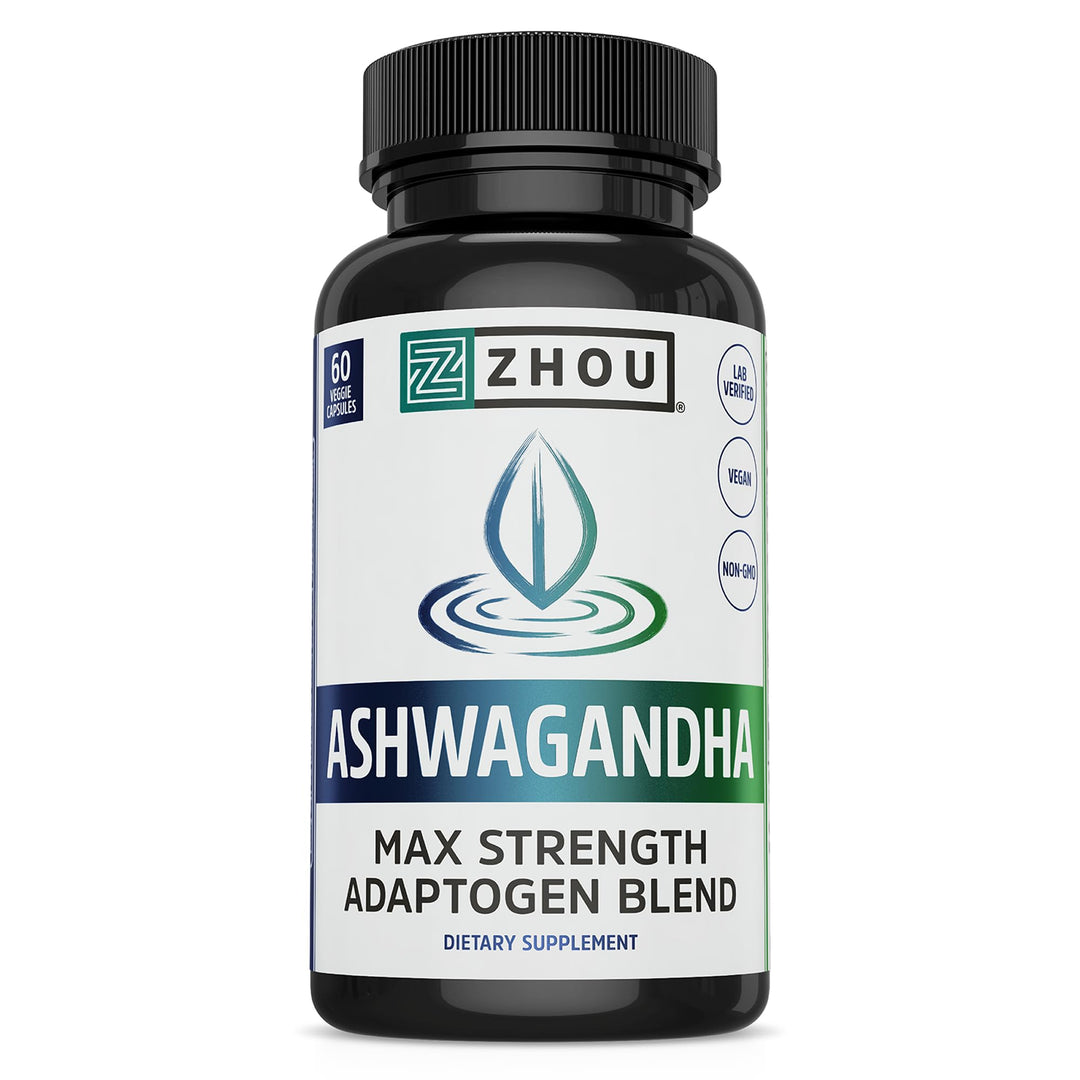 Zhou Nutrition Ashwagandha Capsules, Mood Enhancer, Energy Boost, Blend of Rhodiola, Holy Basil, Cordyceps, Reishi &amp; Ashwagandha Supplement, 30 Servings, 60 Capsules