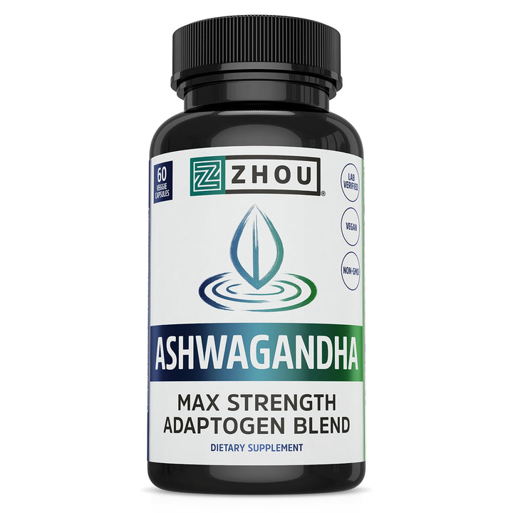 Zhou Nutrition Ashwagandha Capsules, Mood Enhancer, Energy Boost, Blend of Rhodiola, Holy Basil, Cordyceps, Reishi &amp; Ashwagandha Supplement, 30 Servings, 60 Capsules