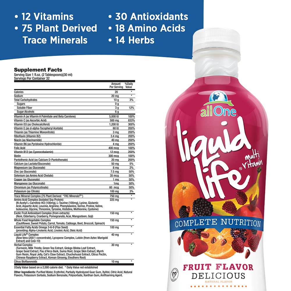 ALL ONE Liquid Life | Liquid Multivitamin for Women, Men, &amp; Kids | Vitamin A, B, C, D3, E &amp; Amino Acids | Pure Nutrition | No Added Sugar | Gluten Free | Vegan | 32 oz