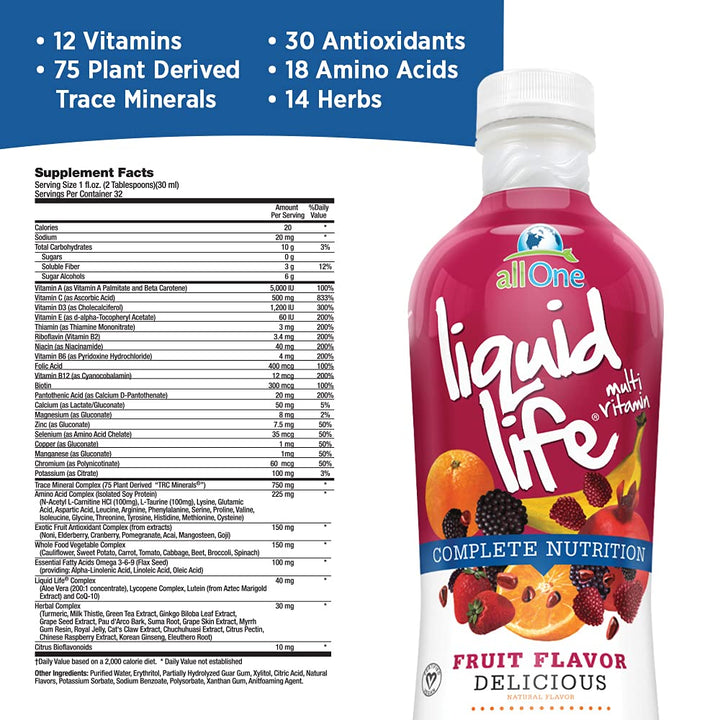ALL ONE Liquid Life | Liquid Multivitamin for Women, Men, &amp; Kids | Vitamin A, B, C, D3, E &amp; Amino Acids | Pure Nutrition | No Added Sugar | Gluten Free | Vegan | 32 oz