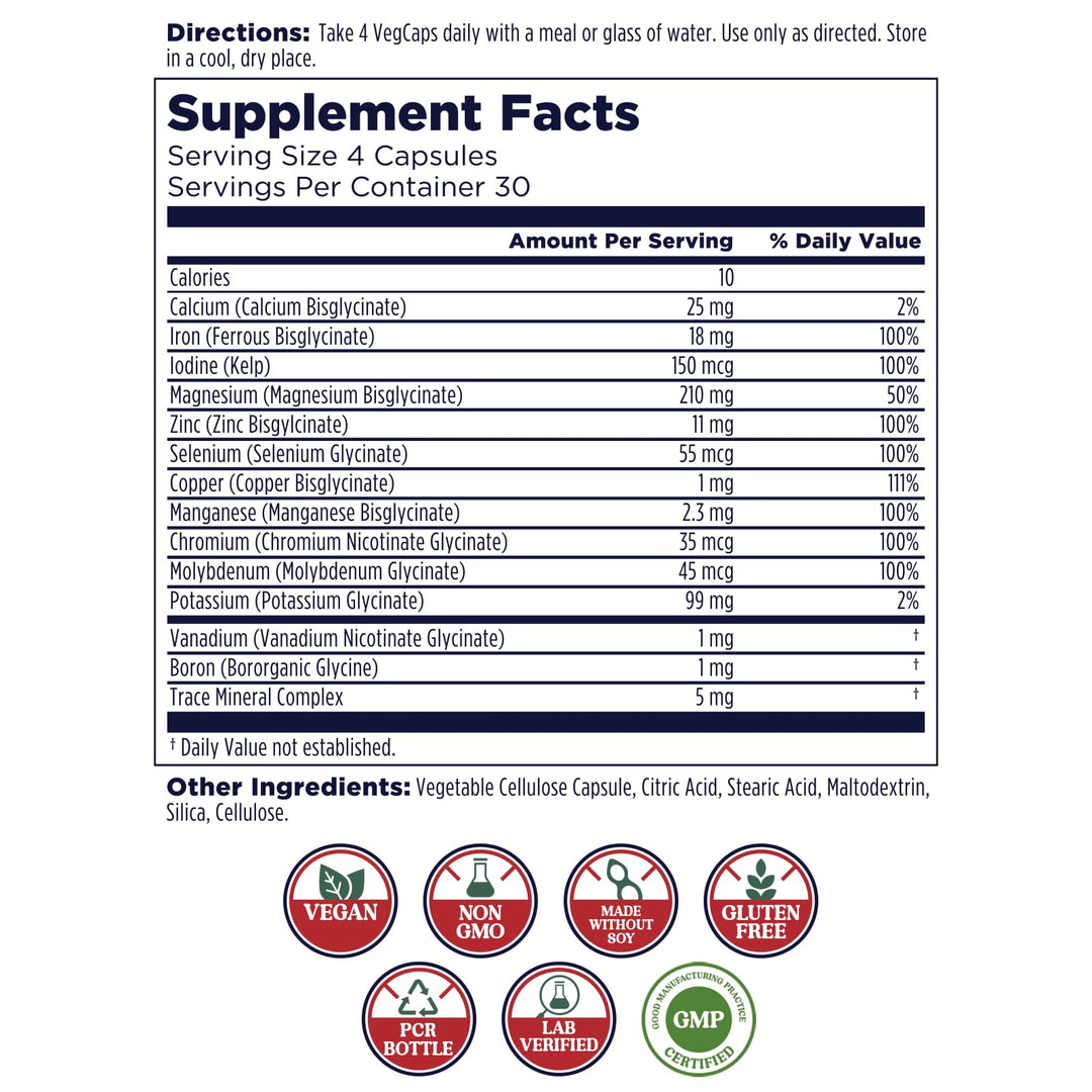 KAL Total Mineral Plus Capsules - Minerals and Trace Minerals for Strong Bones, Immune Support w/Magnesium Glycinate, Zinc, Calcium, Selenium, Iron and More - Vegan, Non-GMO, Gluten-Free, 30 Servings