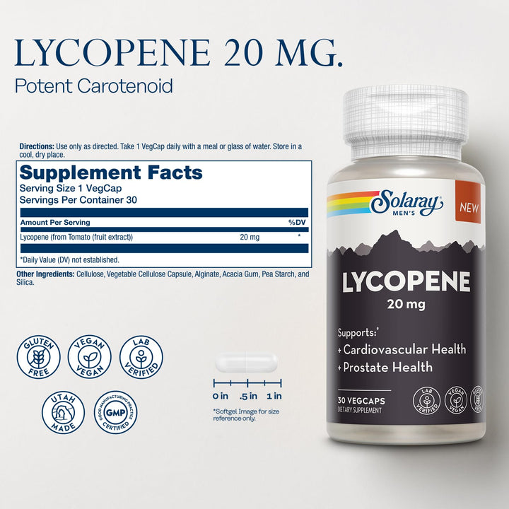 SOLARAY Lycopene 20mg - Heart Health and Prostate Health Support, Powerful Antioxidants Supplement Sourced from Tomatoes - Vegan, Gluten Free, Lab Verified, 60 Day Guarantee, 30 Servings, 30 VegCaps