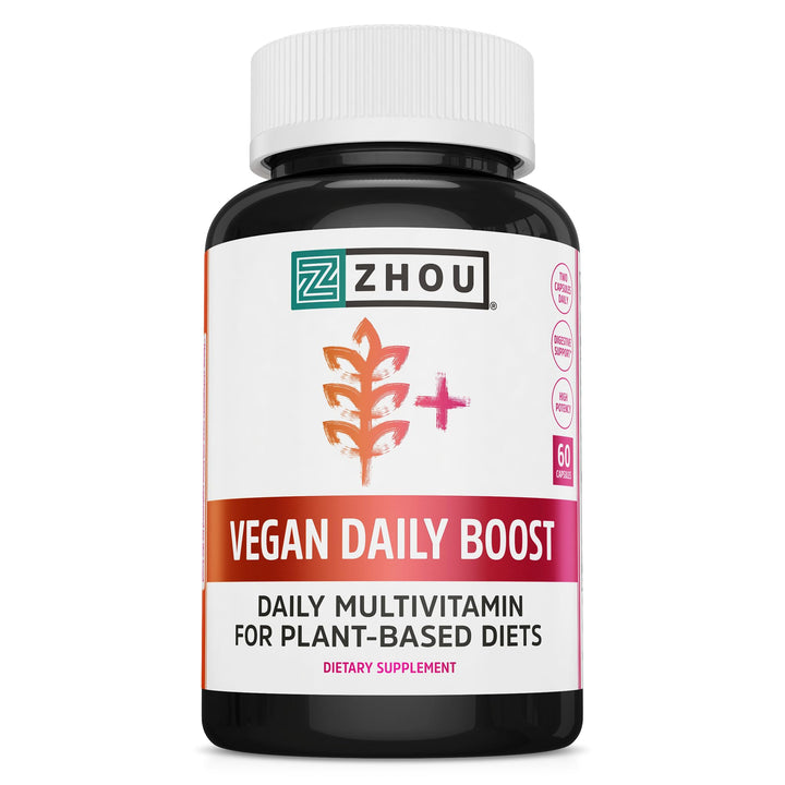 Zhou Vegan Multivitamin for Women &amp; Men, Daily Vegan Supplement, Essential Multi Vitamin with Iron &amp; Zinc for Energy, Vitality, Immune Support, &amp; Whole Body Health - 60 Veg Caps