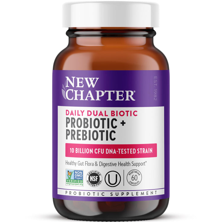 New Chapter Daily Dual Biotic Probiotic + Prebiotic for Digestion &amp; Microbiome Health, 100% Vegan, Soy Free, Non-GMO, 60 Count (2 Month Supply)