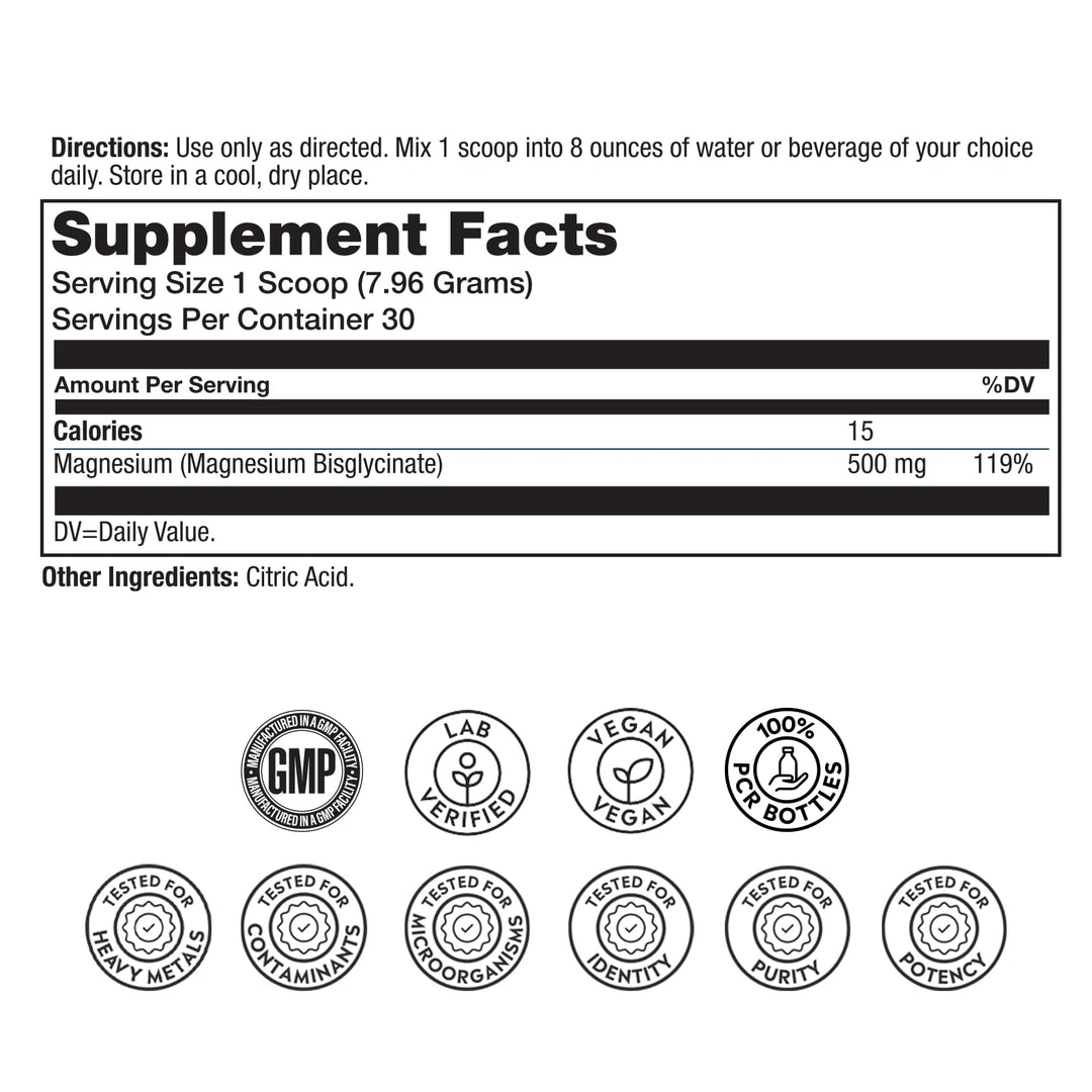 SOLARAY Magnesium Glycinate 500mg Powder - Extra Strength, Unflavored Magnesium Supplement for Bone, Muscle and Relaxation Support - Vegan, Gluten Free, Non-GMO, 60-Day Guarantee - 30 Servings, 8.4 OZ