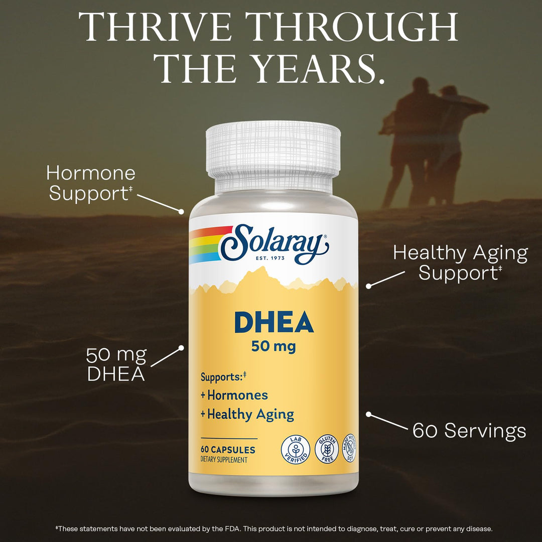 SOLARAY DHEA Supplement for Women and Men - DHEA 50mg - Supports Hormone Balance and Healthy Aging - Lab Verified, Gluten Free, Made Without Soy - 60-Day Guarantee - 60 Servings, 60 Capsules