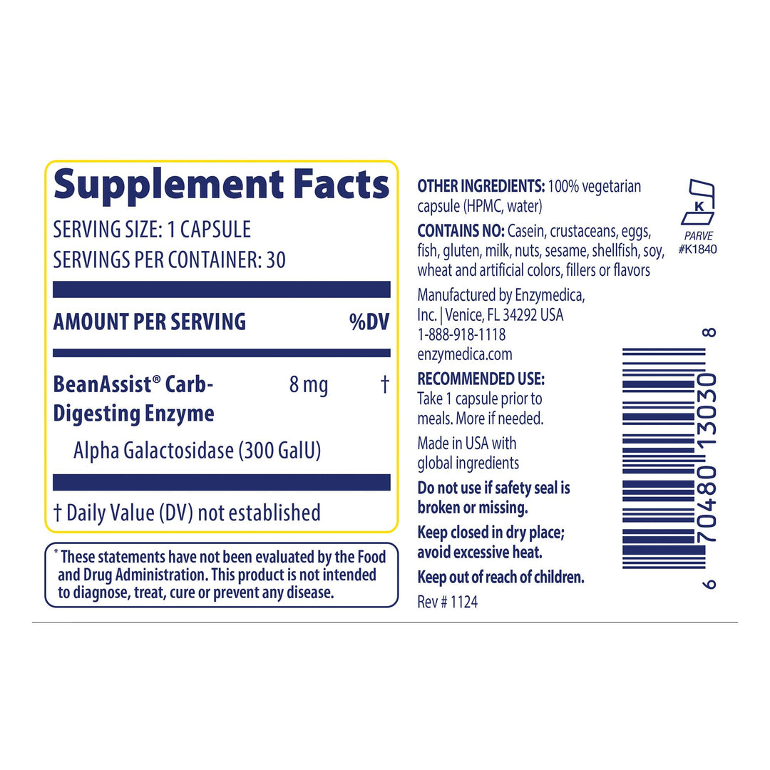 Enzymedica BeanAssist - Digestive Enzyme Supplement for Women &amp; Men, Alpha Galactosidase Enzyme for Digestion &amp; Gut Health Support, Helps Reduce Gas &amp; Bloating, Fast-Acting, Vegan - 30 Caps