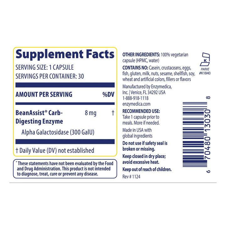 Enzymedica BeanAssist - Digestive Enzyme Supplement for Women &amp; Men, Alpha Galactosidase Enzyme for Digestion &amp; Gut Health Support, Helps Reduce Gas &amp; Bloating, Fast-Acting, Vegan - 30 Caps