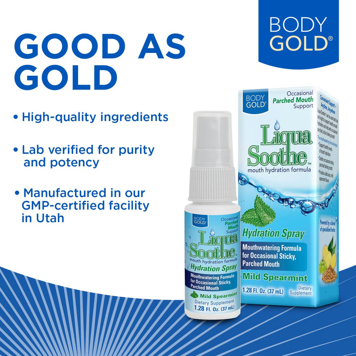 Body Gold Liqua Soothe Mouth Spray, Oral Care Formula for Occasional Dry Mouth Feeling, Supports Healthy Levels of Mouth Hydration w/Akarkara and Ginger, Mild Spearmint Flavor, About 64 Serv, 1.28oz