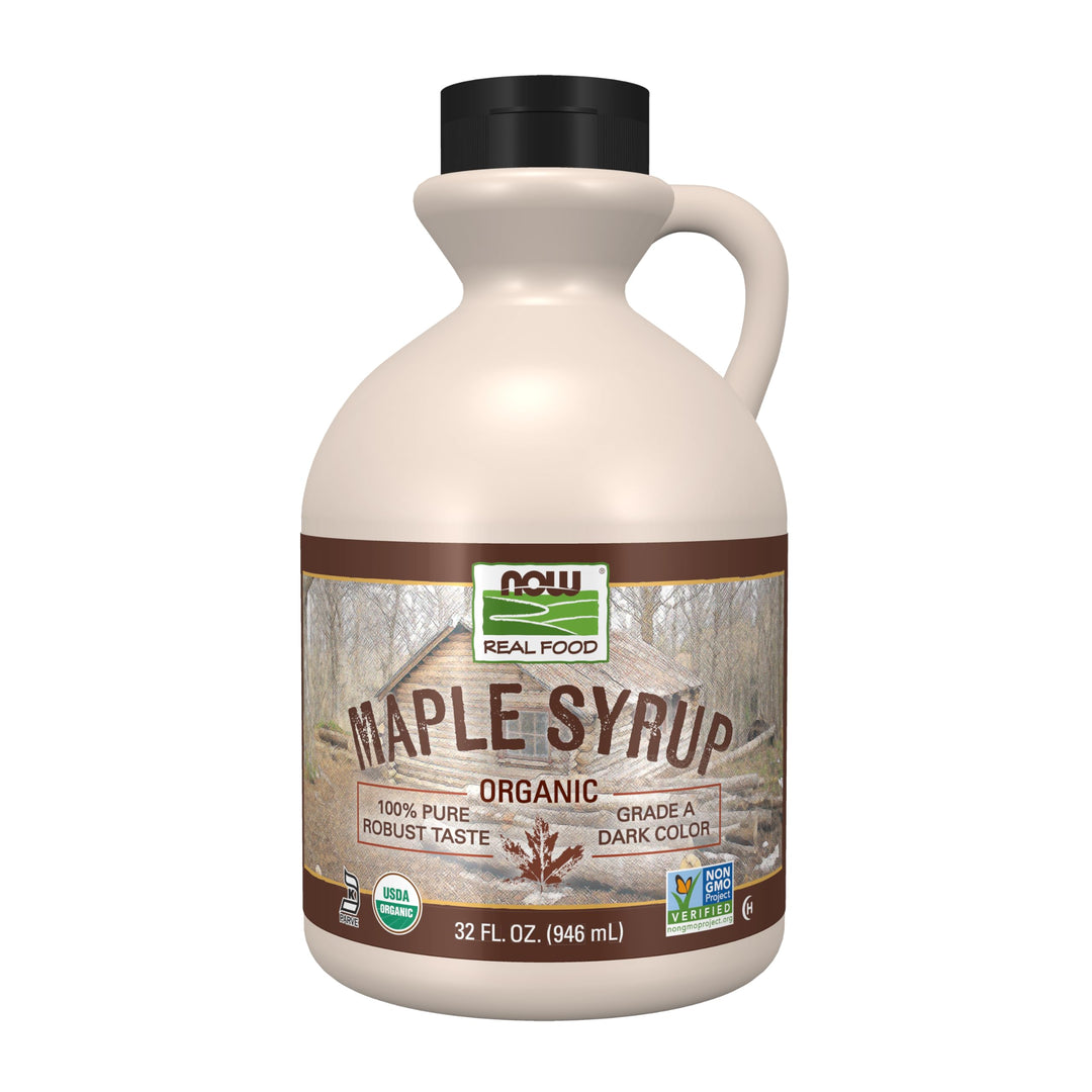 NOW Foods, Certified Organic Maple Syrup, Grade A Dark Color, Certified Non-GMO, Pure, Robust Taste, 32-Ounce
