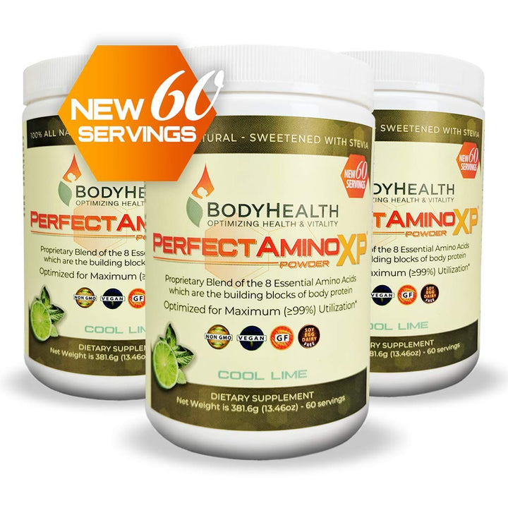 BodyHealth PerfectAmino XP Cool Lime (60 Servings) Best Pre/Post Workout Recovery Drink, 8 Essential Amino Acids Energy Supplement with 50% BCAAs, 100% Organic, 99% Utilization for Maximum Power