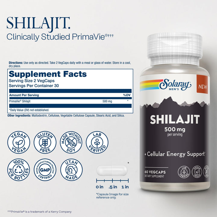 SOLARAY Shilajit 500 mg, PrimaVie (R) Himalayan Shilajit for Men, Adaptogenic Cellular Energy Support, Men’s Health Supplement, Vegan, Gluten Free, 60-Day Guarantee - 30 Servings, 60 VegCaps