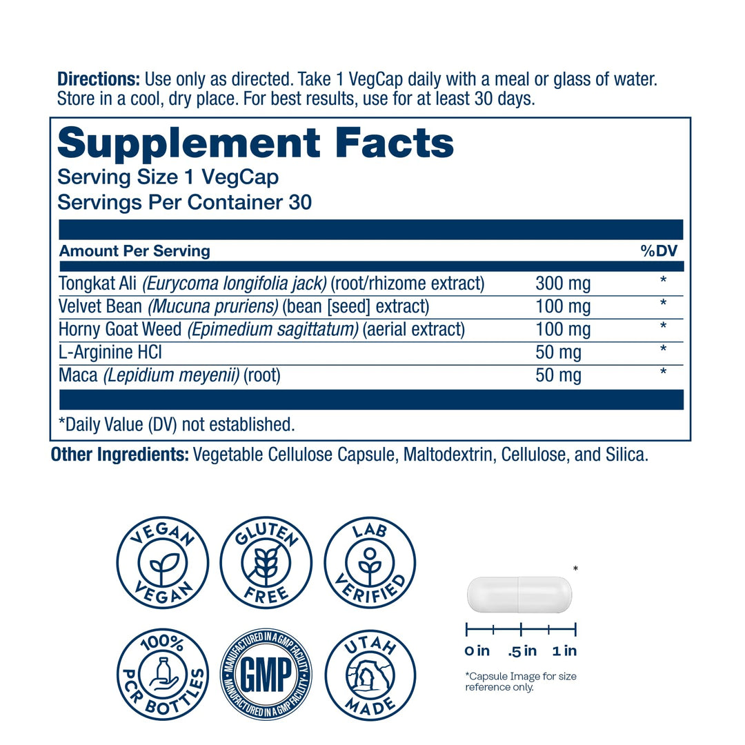 SOLARAY Libido Support for Men - Sexual Health, Nitric Oxide Precursor - Tongkat Ali Extract, L Arginine, Horny Goat Weed - 60 Day Money-Back Guarantee, 30 Servings, 30 VegCaps