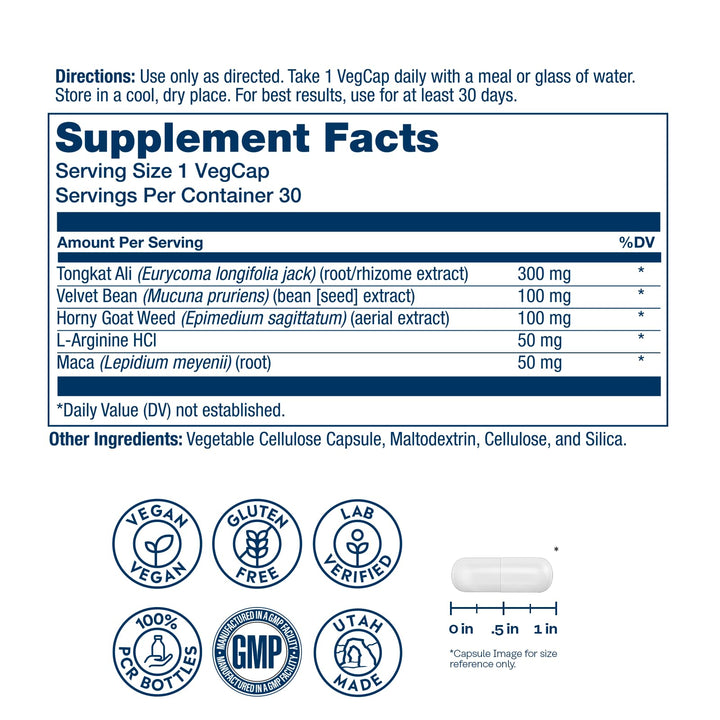 SOLARAY Libido Support for Men - Sexual Health, Nitric Oxide Precursor - Tongkat Ali Extract, L Arginine, Horny Goat Weed - 60 Day Money-Back Guarantee, 30 Servings, 30 VegCaps