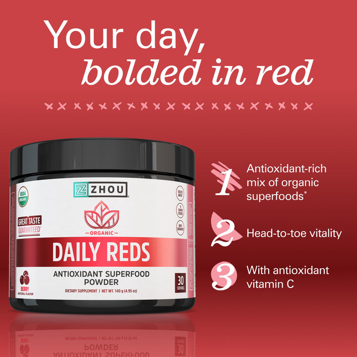 Zhou Organic Reds Powder - Red Powder Superfood with Beetroot, Super Fruits, Goji Berry, &amp; Tart Cherry, Antioxidant Support for Whole-Body Health - Natural Berry Flavor, 4.95 oz (30 Servings)