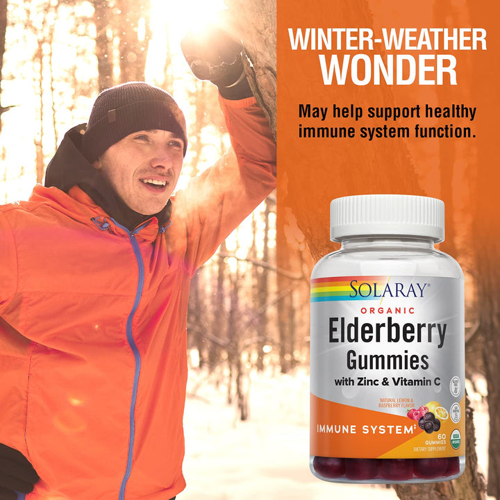 SOLARAY Organic Elderberry Gummies w/Zinc &amp; Vitamin C | Healthy Immune System Support | Gluten Free | 30 Serv, 60 Ct