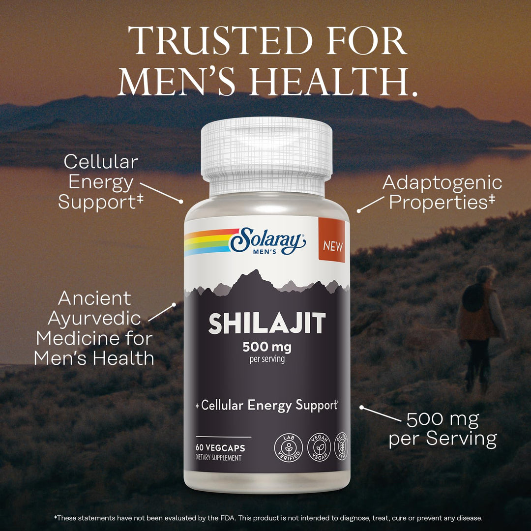 SOLARAY Shilajit 500 mg, PrimaVie (R) Himalayan Shilajit for Men, Adaptogenic Cellular Energy Support, Men’s Health Supplement, Vegan, Gluten Free, 60-Day Guarantee - 30 Servings, 60 VegCaps