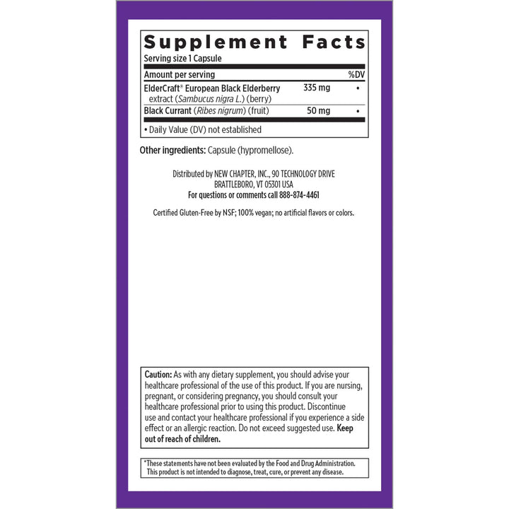 New Chapter Vegan Elderberry Capsules with 64x Concentrated Black Elderberry + Black Currant for Comprehensive Immune Support, Non-GMO Project Verified, Gluten Free, Certified Vegan, 60 Count