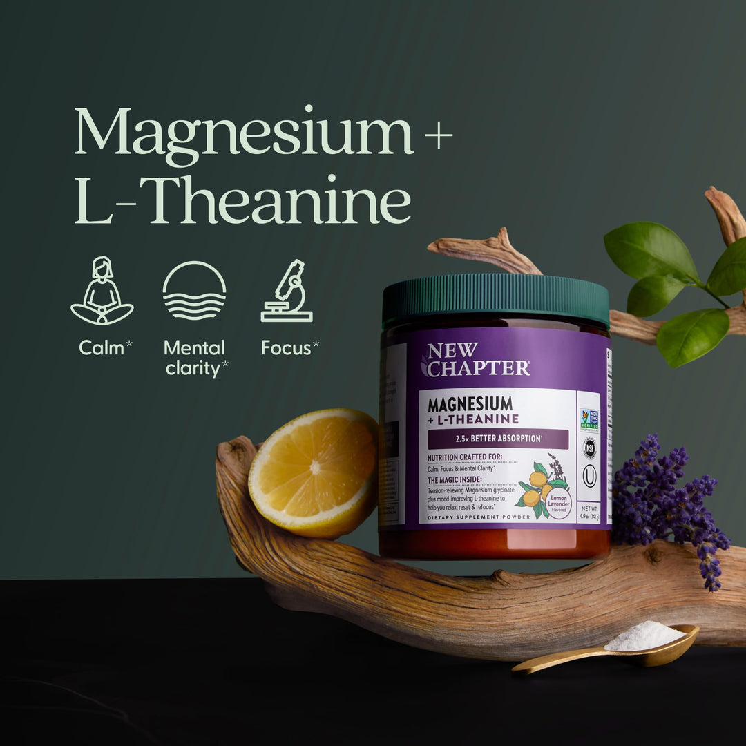 New Chapter Magnesium Glycinate + L-Theanine Supplement Powder, with 325 mg Magnesium &amp; L-Theanine 200 mg for Calm, Focus, Mental Clarity, Muscle Relaxation &amp; Cortisol Balance*, 30 Servings