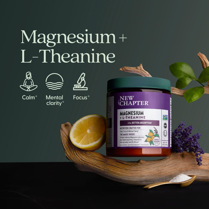 New Chapter Magnesium Glycinate + L-Theanine Supplement Powder, with 325 mg Magnesium &amp; L-Theanine 200 mg for Calm, Focus, Mental Clarity, Muscle Relaxation &amp; Cortisol Balance*, 30 Servings